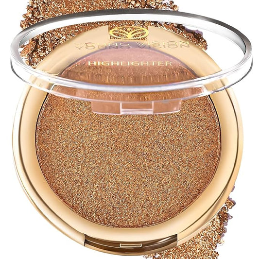 YOUNG VISION Pressed Powder Highlighter, Baked Natural Glow Contour Powder & Face Highlighter, Cruelty Free, Shimmer Highlighting Makeup for Face, Eye, Eyeshadow, Body, Skin (Brown)