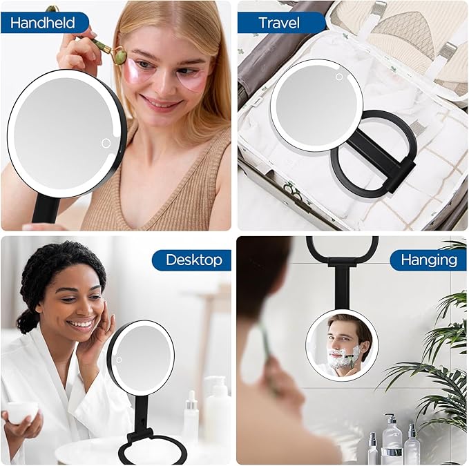 Lighted Makeup Mirror with 3 Color Modes & Dimmable Brightness, 360° Rotation, Double-Sided 1X/10X Magnifying Mirror, Rechargeable Portable Vanity Mirror for Home and Travel, Touch Control - White