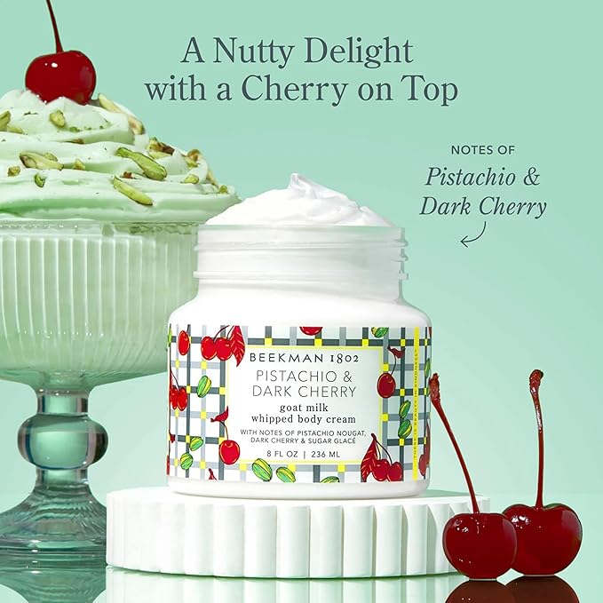 Beekman 1802 Pistachio & Dark Cherry Whipped Body Cream - 8 fl oz - Scented - Moisturizes, Soothes & Softens - With Coconut Oil and Mango Seed Butter - No Irritation - Good for Sensitive Skin
