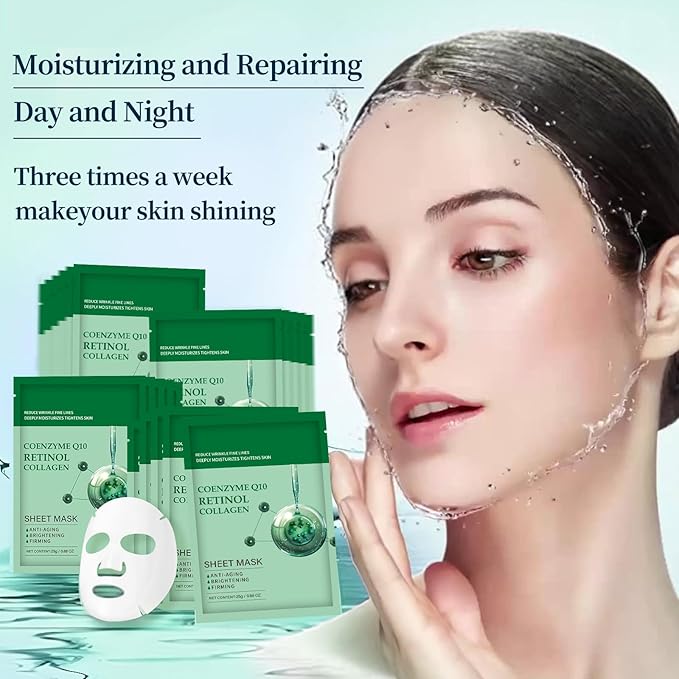 Collagen Face Sheet Mask Anti Aging Skin Care Mask Sheets Collagen Sheets Pack With Coenzyme Q10 Retinol Sheet Facial Masks Bulk, Face Masks Beauty for Women Fine Lines Wrinkle Moisturizing 10 Pack