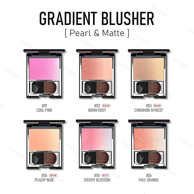 KYDA Cool Tone Shimmer Blush, Gradient Cinnamon Apricot Color, Micro-fine Shimmer Powder Blush, Soft Buildable Cheek Color, Lightweight Smooth, Multiuse Blusher Compact