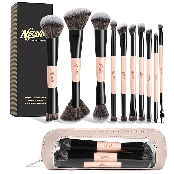 10 PCS Foundation Contour Conceal Brush Set With Bag, Makeup Brushes, Double-End Multi-functional Brushes for Foundation Powder Blush Eyeliner Eyeshadows, Professional Face Brush Set（Pink）