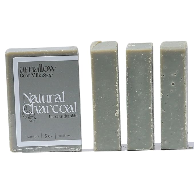 Amallow Premium Goat Milk Soap Bars - Dry Skin, Gentle, Organic & Soothing - Hand Made in USA with Real Goat Milk - Large 5 OZ (Pack of 4) - (Natural Charcoal)