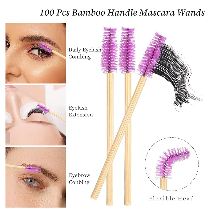 MyAoKuE-UP 100 Pack Bamboo Handle Mascara Wands Disposable Eyelash Brushes Eco-friendly Lash Extension Tool, Purple