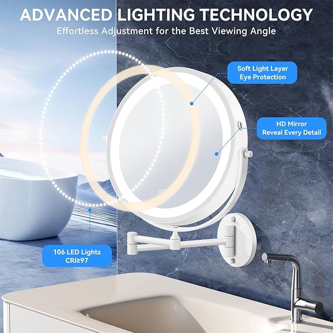 9'' 30X/1X Wall Mounted Lighted Makeup Mirror, 5000mAh Rechargeable Double-Sided Magnifying Mirror with Light, Vanity Mirror Touch Dimmable 3 Colors 360° Rotation Extended Foldable Arm, Power Adapter