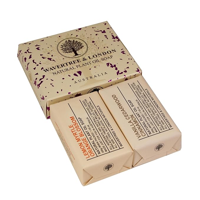 Wavertree & London Duo Gift Box (2 Bars) - 7oz Lemon Myrtle, Orange Blossom and Vanilla Cedarwood Scented Triple Milled Natural Soap Bars - Pure Plant Oil Soap Bars for All Skin Types