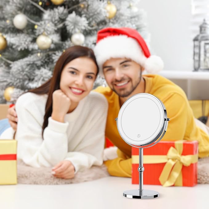 Lighted Makeup Mirror with Brighter Lights,1x/10xTrue HD Magnifying Tabletop Vanity Mirror with Touch Control, 360°Rechargeable Double Sided Mirror with 3 Colors Dimmable Lights