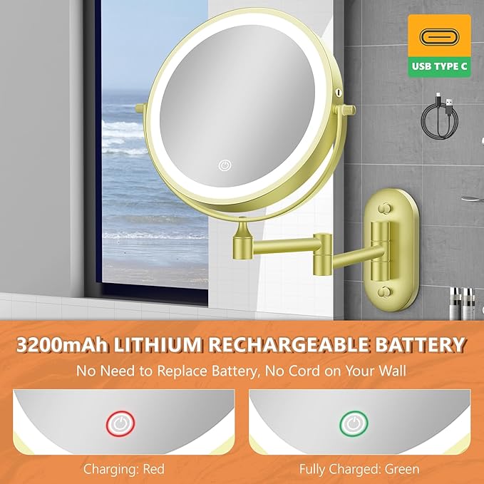 Auxmir 1X/20X Wall Mounted Makeup Mirror with Light, 8" Rechargeable Double-Sided Magnifying Mirror, Vanity Mirror Dimmable 3 Color Light, 360° Extension Rotation Foldable 14.5 Inch Arm for Bathroom