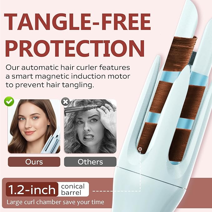 Automatic Rotating Curling Iron with 3 Temperature Fast Heating, Auto Hair Curler with Timer Settings, Anti-Tangle, Automatic Shut-Off and Scalding for Hair Styling, Blue