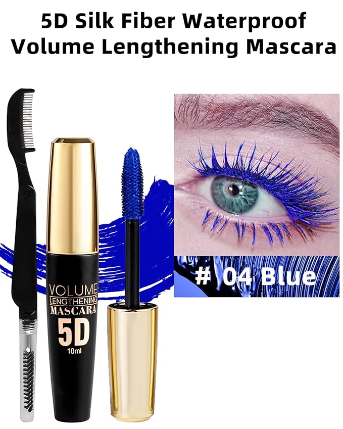 Blue Waterproof Mascara for Eyelash, 5D Silk Fiber Lashes Extension Colored Tube Mascara with Eyelash Brush, Long Lasting Smudge-proof Volumizing Lengthening, Cosplay Party Eye Makeup Gift for Women