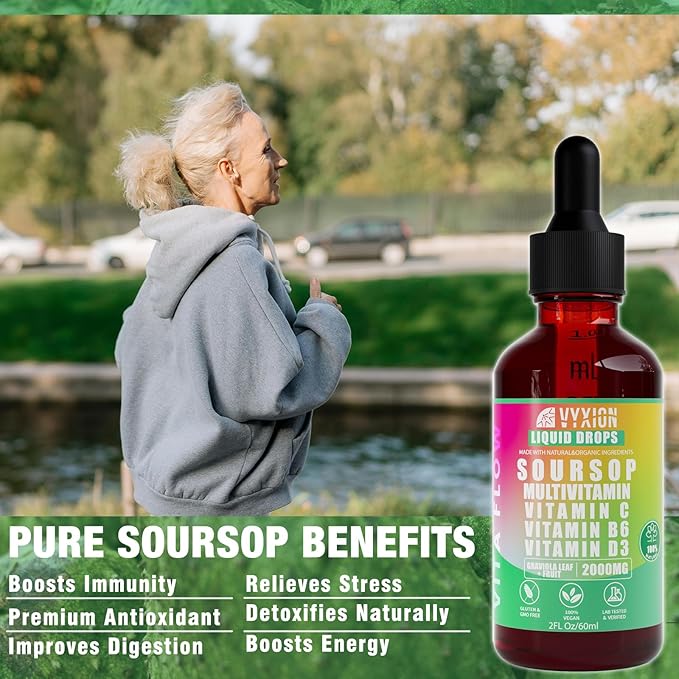 Vyxion Soursop Bitters Liquid, Soursop Multivitamin Drops - 2000mg 10:1 Extract from Fruit & Leaf, Vitamin B6, C, D3, Graviola Liquid Drops | Vegan, Non-GMO | 2 Fl Oz