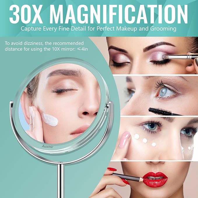 Auxmir 1X/ 30X Magnifying Mirror, Makeup Mirror with Tweezer, Double Sided Round Vanity Tabletop Mirror, 360° Rotation Portable for Dressing Table Desk Bathroom Bedroom Travel, Clear
