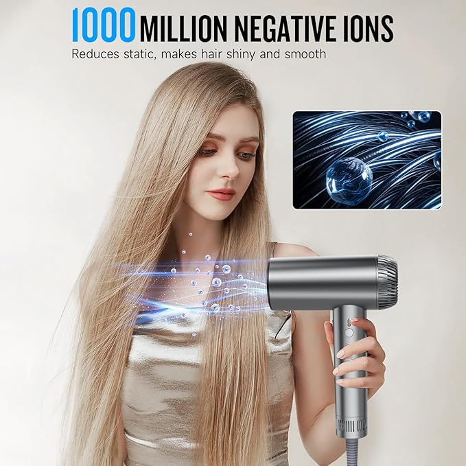 2025 Updated Hair Dryer, 200000 RPM High Speed Blow Dryer with Diffuser for Women, 1000 Million Ionic Hair Dryer with Brushless Motor, Low Noise Hair Blow Dryer for Curly Hair Dog Salon Travel, Gray