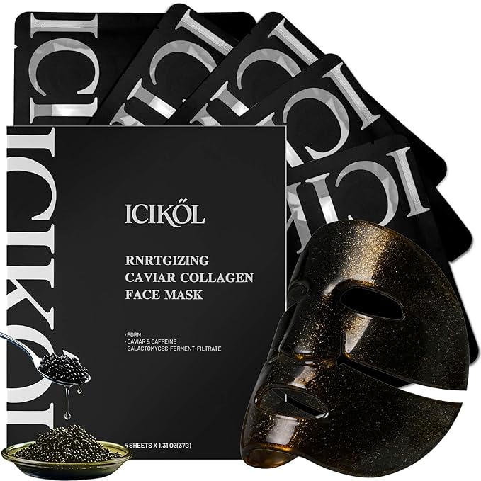 24K Gold & Caviar Collagen Face Mask, 5 Pack – Luxurious Hydrating Facial Treatment, Firming Appearance – Supports a Radiant, Rejuvenated Look Overnight
