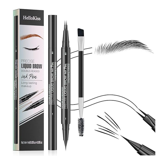 2 Prong Tip Microblading Eyebrow Pen With Brush- 2-in-1 Waterproof Eyebrow Pencil, Long-Lasting Natural Hair-Like Brows, Smudge-Proof & Easy to Use(With Brush 05#Black)