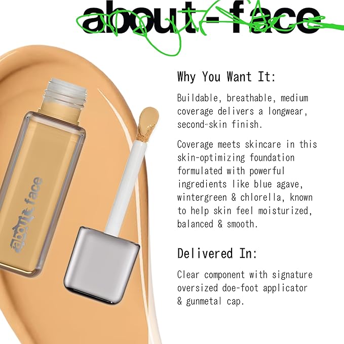 about-face THE PERFORMER Skin-Focused Foundation M1Warm – Medium Coverage, Long-Wear, Breathable & Buildable Base – Clean, Vegan, Hydrating Formula with Blue Agave & Chlorella – 1.08oz