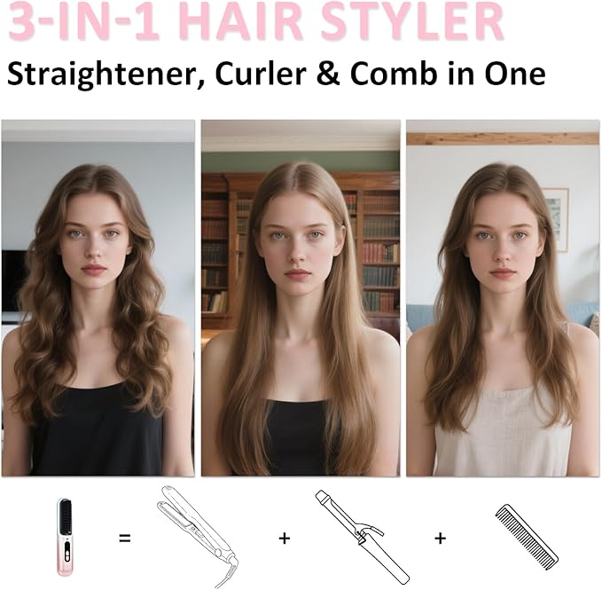 BEAUTYOVO Travel & TSA-Friendly Cordless Hair Straightener Brush - Professional Straightening Brush for On-The-Go | 65W Fast Charge in 30 Min | 6 Heat Settings & 300M Ions for Frizz-Free Salon Finish