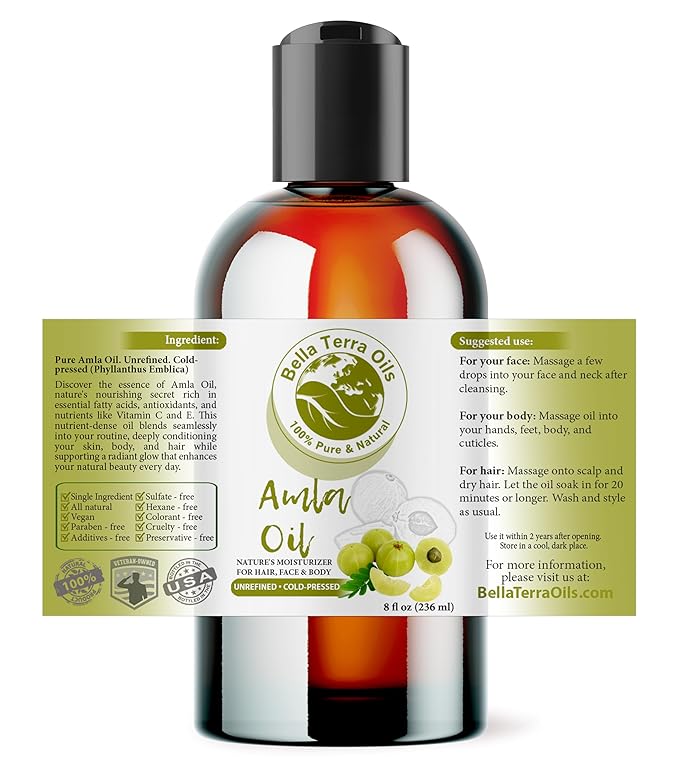 Bella Terra Oils - Organic Amla Oil 8 oz - Harvested from Bitter Organic Amlas, Famed for its Vitamin C&E & Omega-6&9, Cold-Pressed Elixir for Skin
