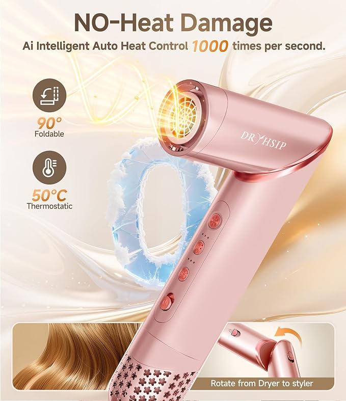 8 in 1 Hair Styler & Air Dryer Brush, 110,000 RPM High-Speed Negative Ionic Foldable Hair Dryer Fast Drying, Multi Professional Hot air Styler for Curling Volumizing Straightening Styling (Pink)