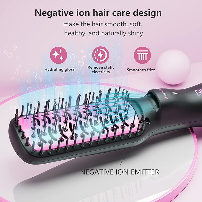 Negative Ion 3-in-1 Hair Styling Brush: 2-inch Blow Dryer, Straightener, and Paddle Brush with Anti-Scald & ALCI Safety Plug