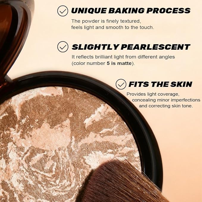 Pressed Matte Face Powder, Bake Foundation Makeup, Balance-n-Brighten & Color Correcting, Medium Light Fair Brown Concealer Base Mak up for Poreless Wrinkle Finishing, Shine Control