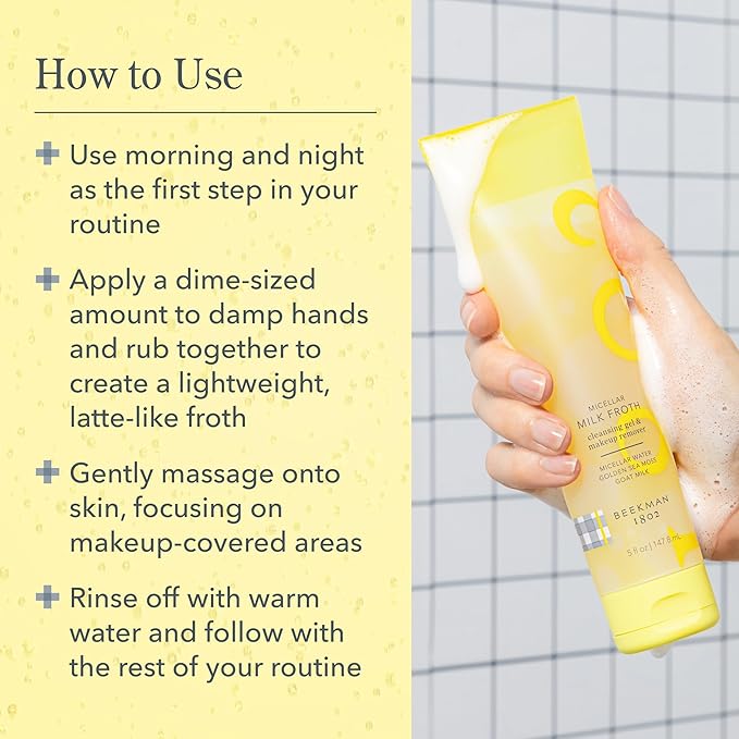 Beekman 1802 Micellar Milk Froth Gel to Foam Cleanser - 2 in 1 Cleanser and Makeup Remover, Goat Milk & Golden Sea Moss Cleanses and Replenishes Skin, Fragrance Free, Senitive Skin Safe, 5.0 fl. Oz