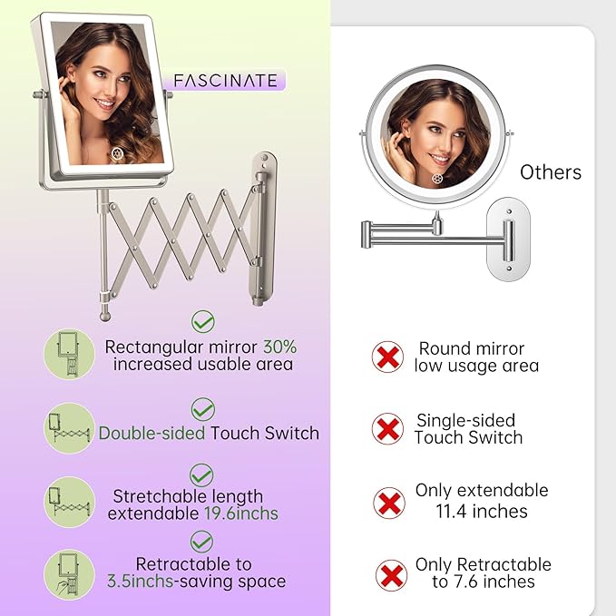 FASCINATE 5000mAh Rechargeable Wall Mounted Makeup Mirror with Lights, 8.7 Inch Double Sided Touch Switch 1X 30X Magnifying Bathroom Mirror, 3 Color Lights, Extended Arm 360°Rotation (Nickel)