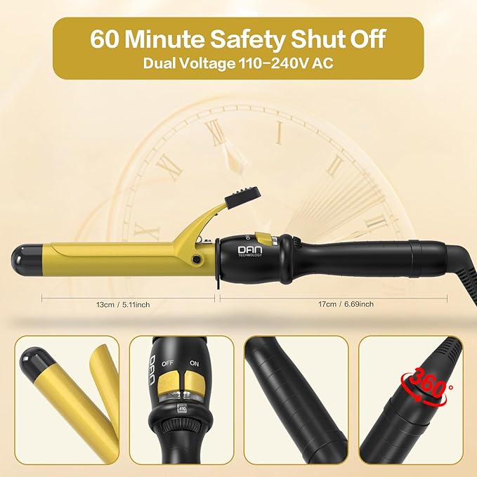 DAN Technology 1 Inch Curling Iron Wand for Soft Natural Waves, Tourmaline Ceramic Hair Curler with 180°F–430°F Adjustable Temperature, Fast Heating, Dual Voltage, Auto Shut-Off, Black & Gold