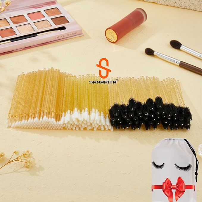 300PCS Eyelash Extension Supplies Kit, Disposable Micro Swab Brushes Eyebrow Spoolies Lip Brushes Mascara Wands Makeup Applicator Tools(Gold)