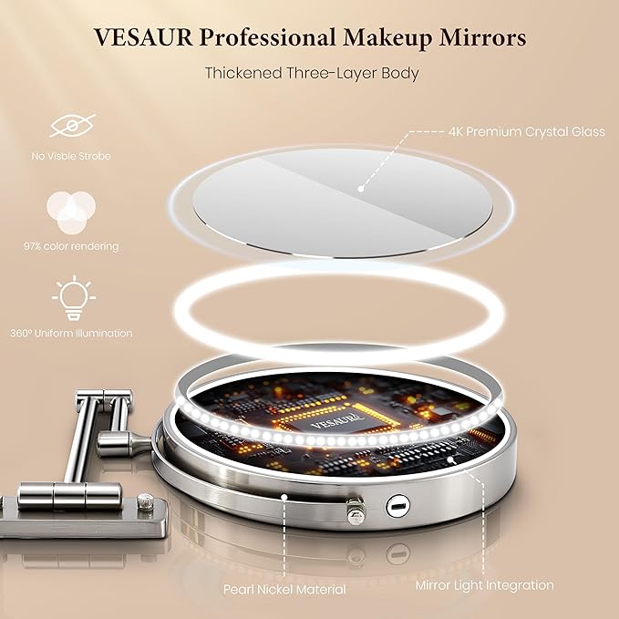 9" Large 15X Rechargeable Wall Mounted Lighted Makeup Mirror Nickel, 5000mAh HD Magnifying Mirror with 3 Color Bright Lights Touch Screen Dimmable, 17" Extendable 360° Swivel Bathroom Vanity Mirror