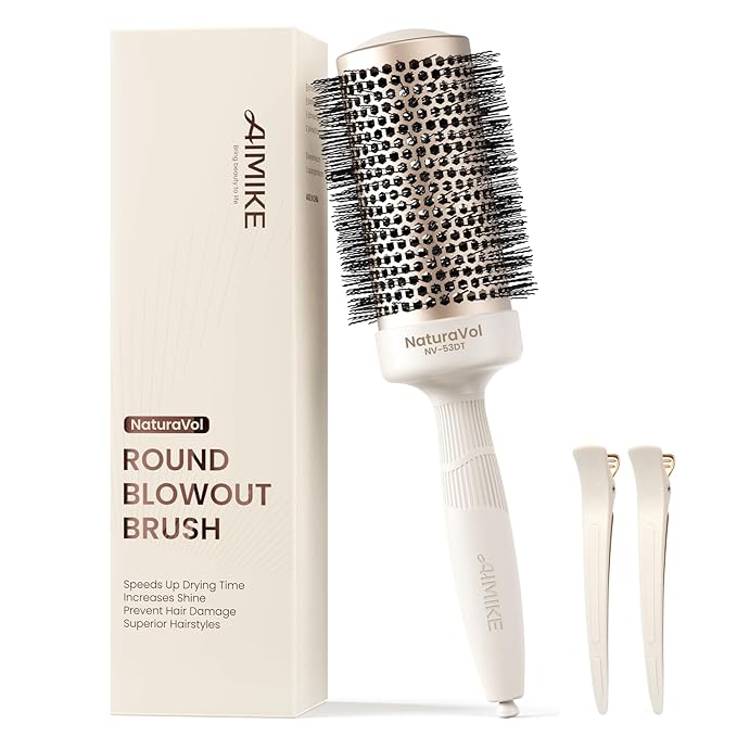 AIMIKE NaturaVol Round Brush for Blow Out, Large Round Hair Brush w/Nano Thermal Ceramic Tech, for Blow Drying & Styling, Boost Volume & Smoothness, with 2 Clips (2.1 Inch Barrel, 3 Inch Bristle)