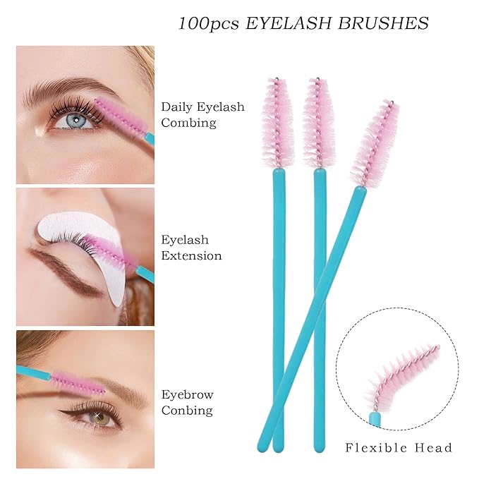 myaokue-up 200Pcs Cosmetic Brushes Kit, Disposable Nylon Lash Spoolies, Micro Swab Brushes, Mascara Wands, Lip Gloss Applicators, Blue/Pink, Cosmetic Tools