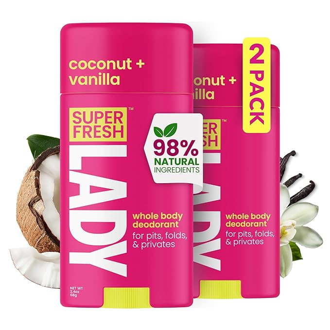 Super Fresh Aluminum Free Deodorant Stick for Women, Non Toxic Coconut and Vanilla Whole Body Odor Control, Skin Safe, 2 Pack