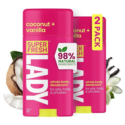 Super Fresh Aluminum Free Deodorant Stick for Women, Non Toxic Coconut and Vanilla Whole Body Odor Control, Skin Safe, 2 Pack