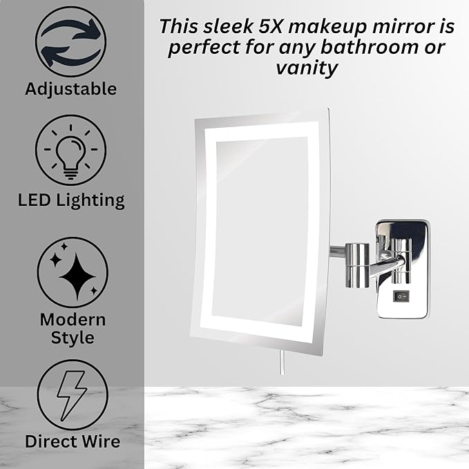 JERDON Rectangular Wall Mount Makeup Mirror - Direct Wire Makeup Mirror with 5X Magnification and LED Lights - Chrome Finish - Model JRT710CLD