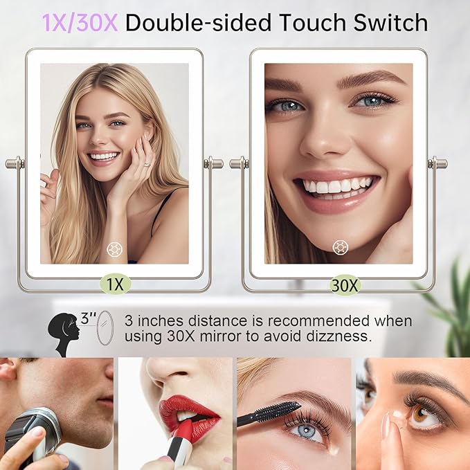 FASCINATE 5000mAh Rechargeable Wall Mounted Makeup Mirror with Lights, 8.7 Inch Double Sided Touch Switch 1X 30X Magnifying Bathroom Mirror, 3 Color Lights, Extended Arm 360°Rotation (Nickel)