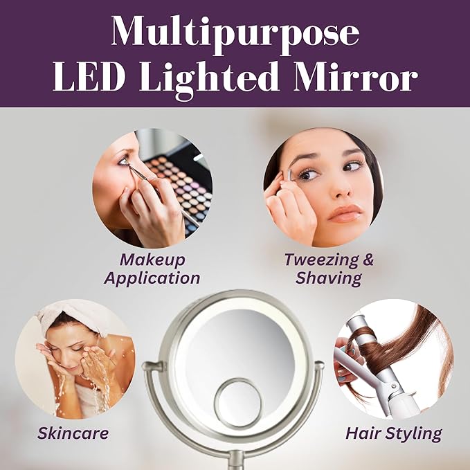 JERDON Plug in Lighted Wall Mount Makeup Mirror - 1X/7X/15x Magnification - Nickel Finish - Model HL8515N