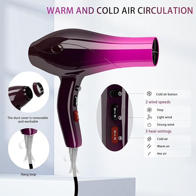 Ionic Hair Dryer,2400W Negative Ion Low Noise Hair Dryer Professional Fast Drying Hair Dryers with 2 Speeds, 3 Heat Settings, Cooling Button,with Diffuser for Curly and Straight Hair（Crimson Fade）