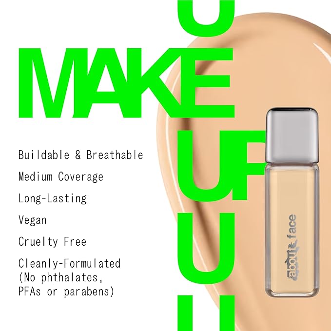 about-face THE PERFORMER Skin-Focused Foundation L2Neutral – Medium Coverage, Long-Wear, Breathable & Buildable Base – Clean, Vegan, Hydrating Formula with Blue Agave & Chlorella – 1.08oz