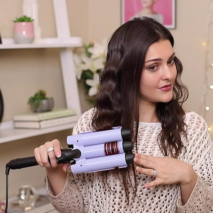 32mm (1.25") Mermaid Beach Waves Curling Iron, Aima Beauty Hair Waver 3 Barrel, Mermaid Big Wave Waver Iron with Adjustable Temperature, Durable, Heats Up Quickly (Purple)