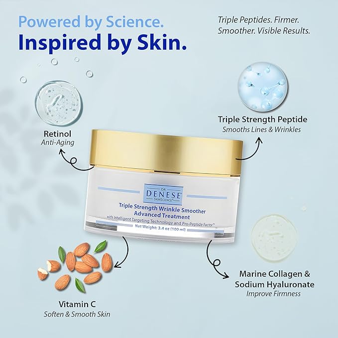 Dr. Denese Triple Strength Wrinkle Smoother Advanced Treatment 3.4 oz – Night Cream with Triple Amount of Peptides vs Industry Standards – Retinol & Hyaluronic Acid Hydrating Power – Paraben Free