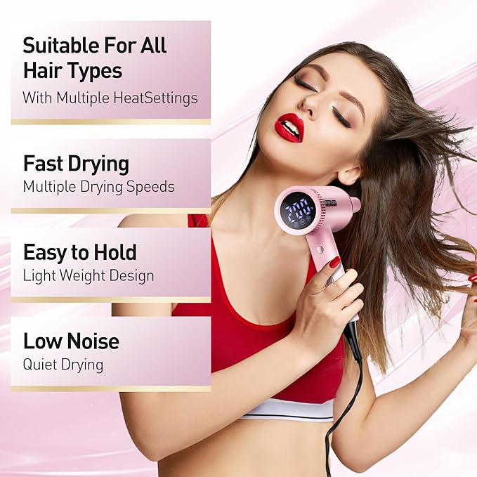 Hair Dryer, High-Speed Ionic Blow Dryer, Powerful 1600 Watt Motor for Fast Drying and Straight & Wavy Hair, Foldable, Lightweight Hairdryer with with Magnetic Suction Nozzle for Home Salon Travel