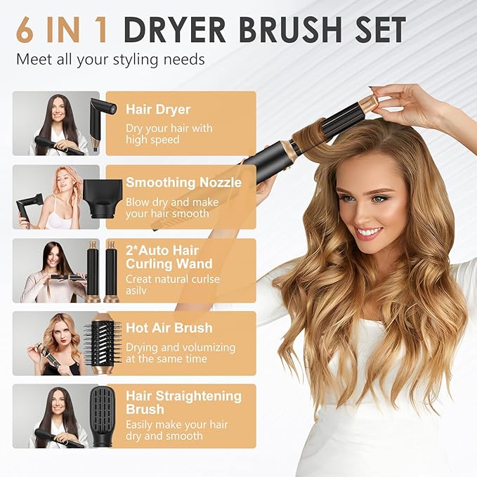 Hair Dryer Brush Set 6 in 1, Blow Dryer Brush Foldable, Negative Ionic Hair Dryer with Diffuser, Detachable Hair Styling Tools Hot Air Curler Hair Styler for Straightening, Curling, Drying,Volumizing