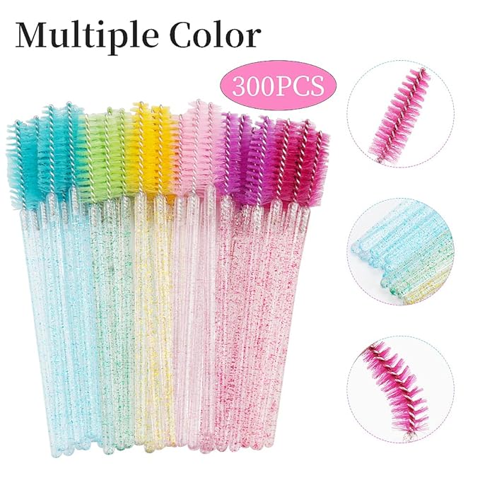 300 Pcs Crystal Spoolies Mascara Wand Eyelashes Brushes for Eyebrow Eye Lash Extension in Colorful handle (mixed 6 color)