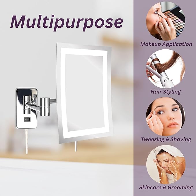 JERDON Rectangular Wall Mount Makeup Mirror - Lighted Makeup Mirror with 5X Magnification - Chrome Finish - Model JRT710CL