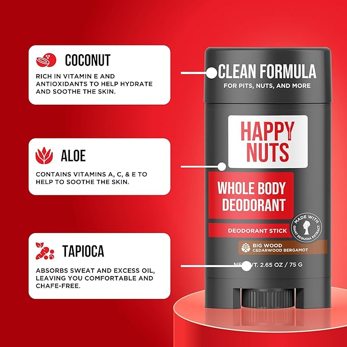 Happy Nuts Whole Body Deodorant for Men - Full Body Odor Control - Ideal for Perfect for Pits, Groin, and More - All Day Confidence - Powerful & Effective Men's Deodorant (Big Wood)