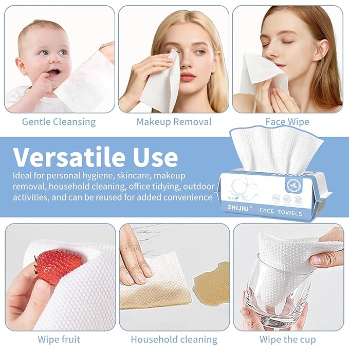 Disposable Face Towels 600 Count, Ultra Soft & Thick Facial Towels for Sensitive Skin, Biodegradable & Lint-Free Makeup Remover Dry Wipes, Multi-Purpose Cleansing Towelettes for Face Wipes