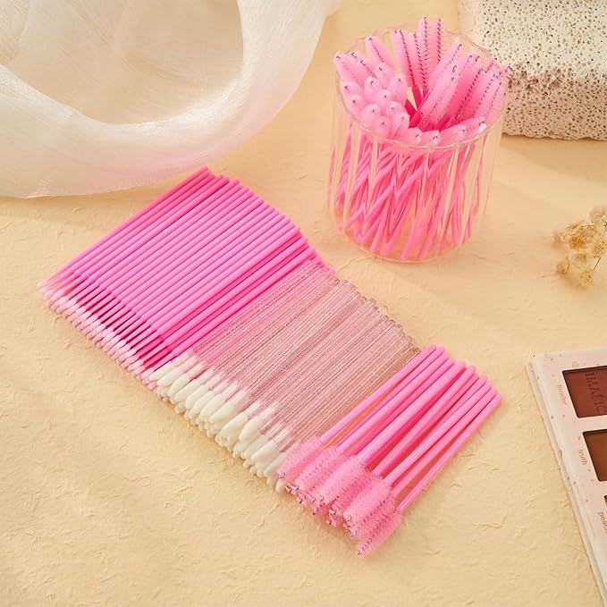 300PCS Eyelash Extension Supplies Kit, Disposable Micro Swab Brushes Eyebrow Spoolies Lip Brushes Mascara Wands Makeup Applicator Tools(Pink)