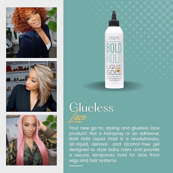 The Hair Diagram - Bold Hold Liquid Gold Reloaded - Glueless Lace Gel - Temporary Hold for Wigs and Hair Systems - Styling Agent for Baby Hairs - Non Toxic - Water Based Formula - 4oz