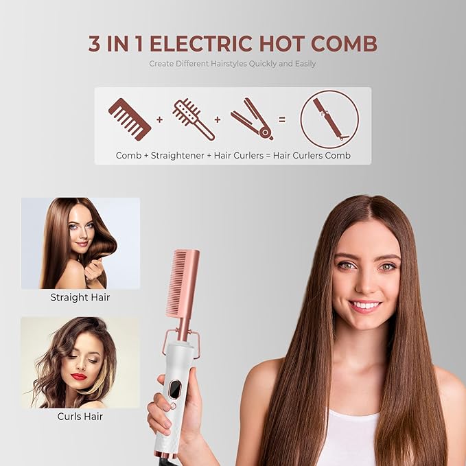 Hot Comb,Travel Curling Iron Double Voltage 110-240V with European Plug Adapter,12 Temp Settings Straightening Comb for Black Hair,Pressing Combs for Straight/Curling